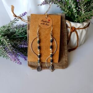 Stainless Steel Dangle Earrings, Blue Picasso Seed Beads